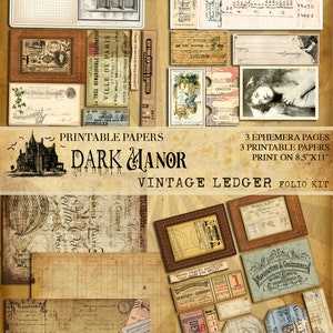 May include: A printable paper pack with a vintage aesthetic. The pack includes three printable papers and three ephemera pages, all printed on 8.5 x 11 inch paper. The papers feature a dark manor, vintage ledger, and other antique-inspired designs.