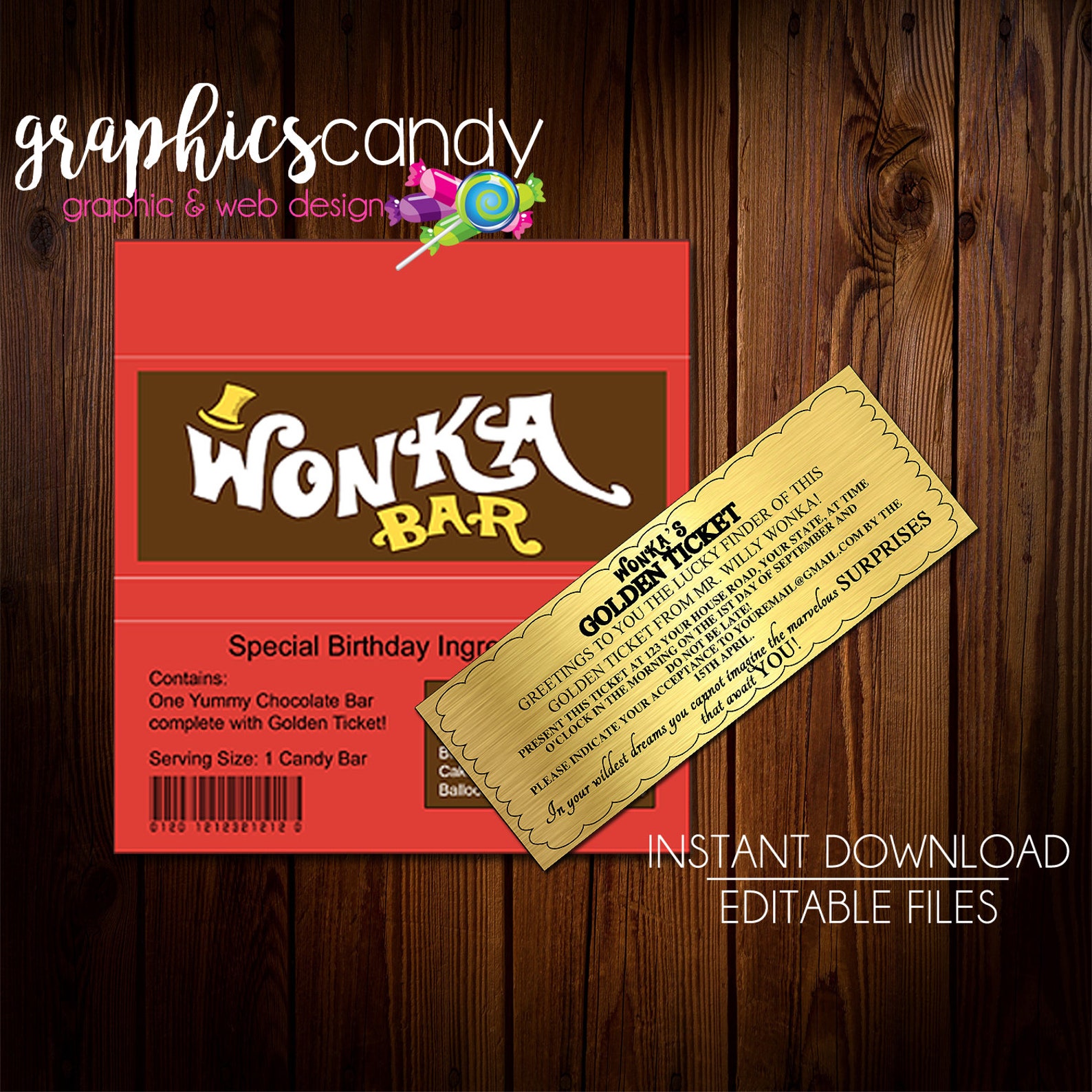 Willy Wonka Golden Ticket Invitation & Chocolate Wrapper Etsy