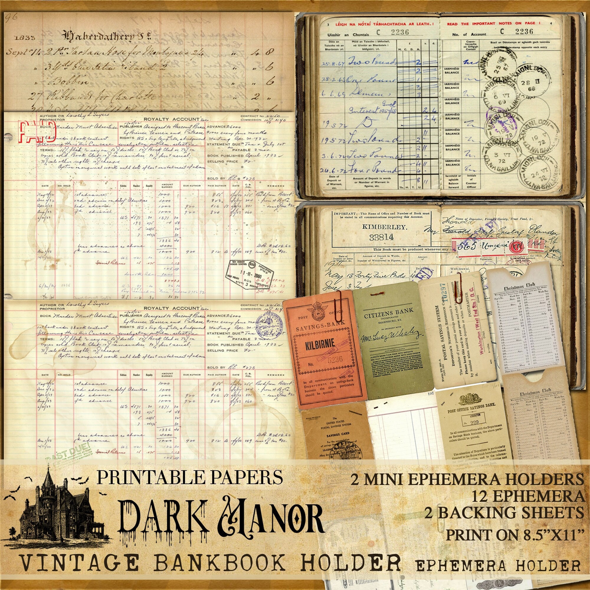 Vintage Bank Book Ephemera Holder - DIGITAL JOURNALING - Printable - Instant Download