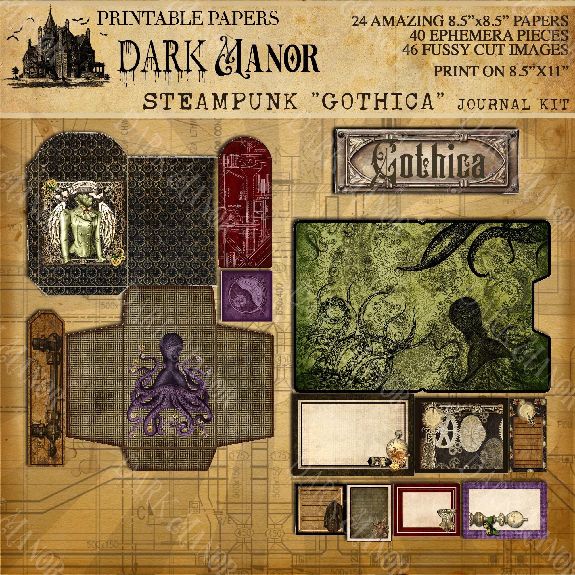 HUGE Steampunk "gothica" Kit - Digital Junk Journal - Instant Download ...