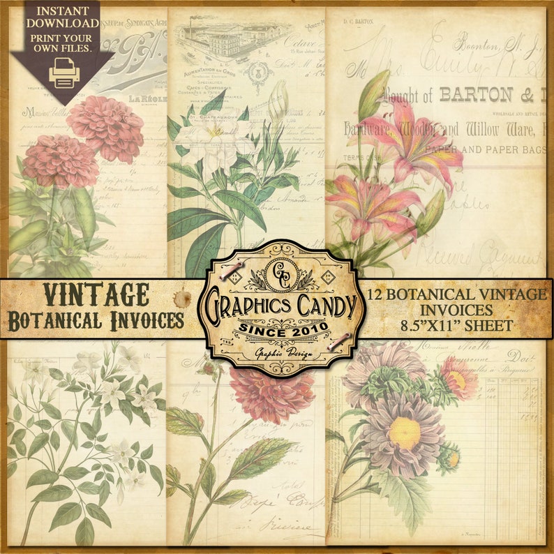 Vintage Botanical Invoices DIGITAL JOURNALING Printable | Etsy