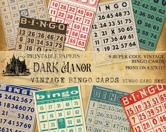 May include: Nine vintage bingo cards with a dark manor illustration and the text "Printable Papers Dark Manor Vintage Bingo Cards Bingo Card Set". The cards are printed on a light brown background and feature a variety of colors and designs.