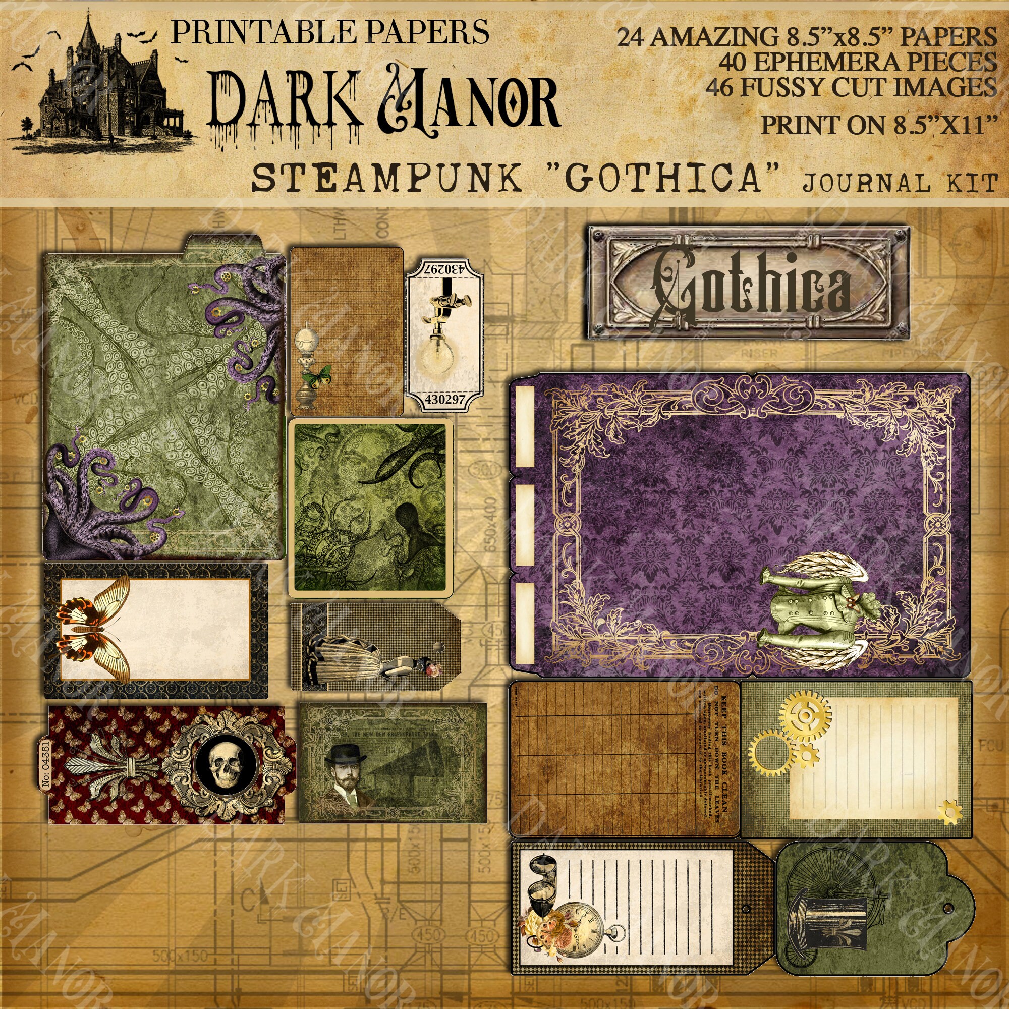 HUGE Steampunk "gothica" Kit - Digital Junk Journal - Instant Download ...