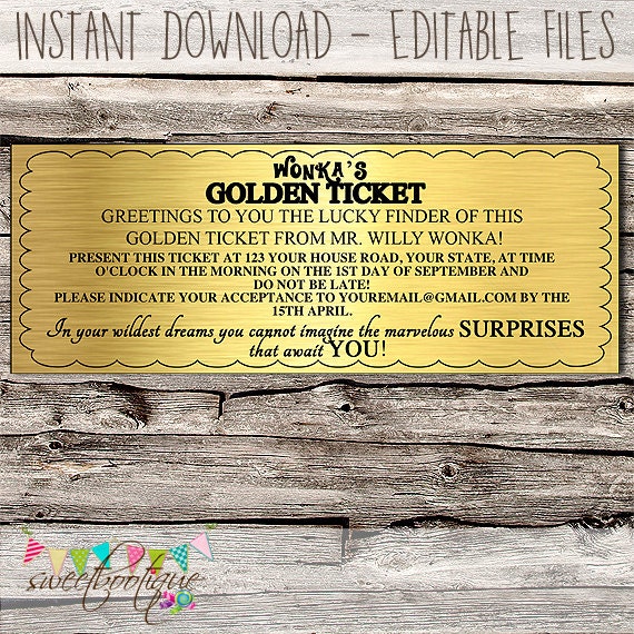 Willy Wonka Golden Ticket Invitation Chocolate Wrapper Etsy