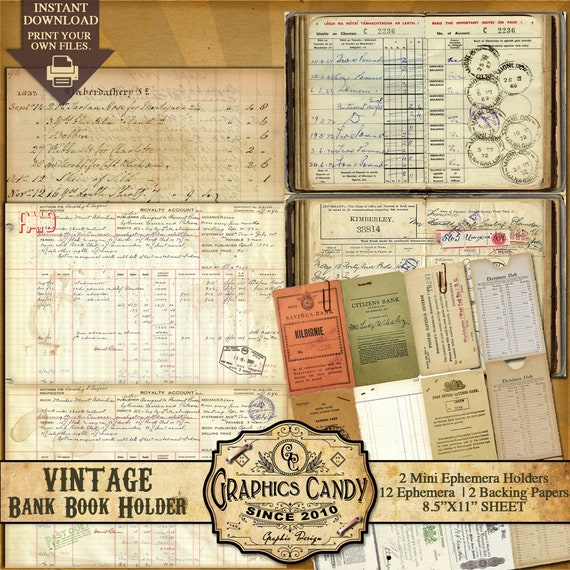 Vintage Bank Book Ephemera Holder DIGITAL JOURNALING Printable