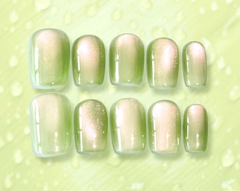 Green Minimalist Cat Eye Press On Nails: Cosmic Galaxy Fake Nails