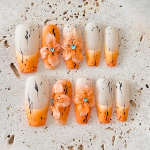 Floral Press On Nails: Handmade Gradient Orange with Green-Blue Gem