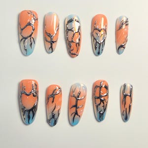 Orange & Blue Flame Press On Nails: Y2K Heart Design