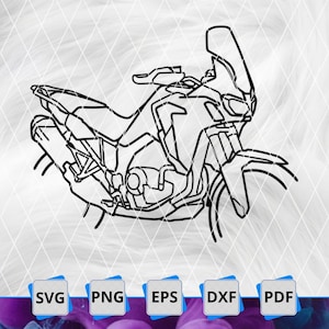 Pode incluir: Ilustração a preto e branco de uma motocicleta. A imagem mostra a estrutura, o motor, as rodas e o para-brisas da motocicleta. A moto é um contorno detalhado, perfeito para projetos de arte digital. Abaixo, os ícones de tipo de arquivo: SVG, PNG, EPS, DXF e PDF.