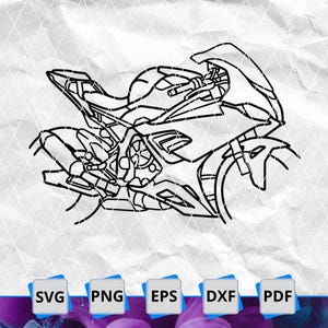 May include: Black and white line art illustration of a motorcycle. The image is a vector graphic, with the file type icons for SVG, PNG, EPS, DXF, and PDF at the bottom.