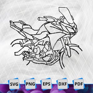 Puede incluir: Ilustración en blanco y negro de una motocicleta. El diseño presenta un contorno detallado del cuadro, las ruedas y el motor de la motocicleta. La imagen incluye los iconos de tipo de archivo: SVG, PNG, EPS, DXF y PDF.