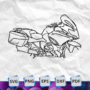 Puede incluir: Ilustración en blanco y negro de una moto de turismo. La moto tiene un carenado, maletas laterales y un asiento cómodo. La imagen incluye iconos de tipo de archivo para SVG, PNG, EPS, DXF y PDF.