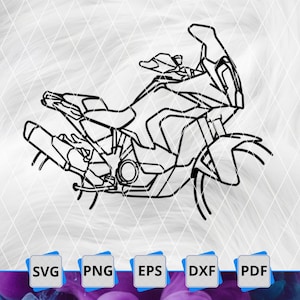 Könnte beinhalten: Schwarz-Weiß-Linienzeichnung eines Motorrads. Die Abbildung zeigt eine detaillierte Umrisszeichnung eines Motorrads, einschließlich Rahmen, Rädern, Motor und Verkleidung. Der Hintergrund ist weiß mit einem Diamantmuster. Der Text "SVG", "PNG", "EPS", "DXF" und "PDF" ist enthalten.