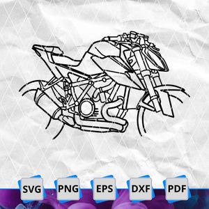 May include: A black and white line drawing of a motorcycle. The motorcycle has a large front wheel and a smaller rear wheel. The motorcycle has a detailed engine and exhaust system.