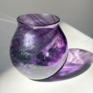 Handblown Purple Shimmer Glass Vase – One of a Kind Functional Art – Wide Mouth Flower Vase