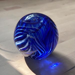 Handblown Glass Paperweight: Blue Feathered Orb, Office Decor