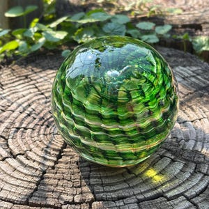 Handblown Green Glass Paperweight: Glitter Vortex Art Glass Sculpture