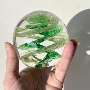 Handblown Glass Paperweight: Tranquil Green Spiral Orb - Signed Art Glass