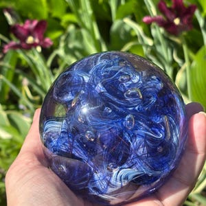 Handblown Glass Paperweight: Purple Blue Ribbon Twist Orb