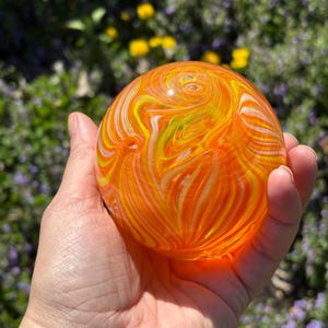 Handblown Glass Paperweight: Orange Yellow Feathered Orb, Signed Art Glass