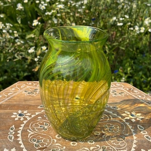 Handblown Feathered Glass Vase – One of a Kind Functional Art – Lemon Lime & Green Sparkle - Amphora Flower Vase - Bright Glass Decor