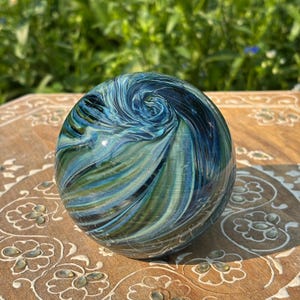 Handblown Glass Paperweight: Feathered Sea Sparkle Orb - Signed Art Glass