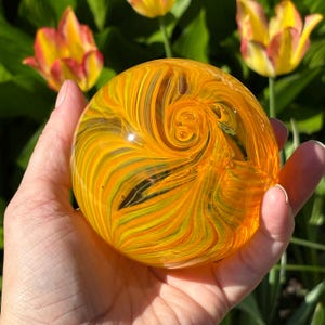 Handblown Glass Paperweight: Orange Yellow Feathered Orb, Art Glass Sculpture