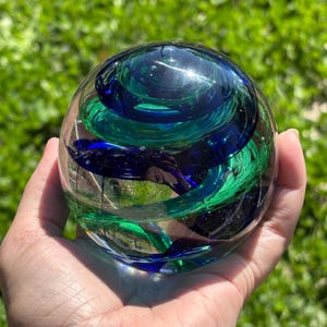Handblown Glass Paperweight: Cobalt Blue & Green Infinity Swirl