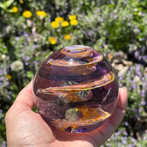 Handblown Glass Paperweight: Purple Gold Swirl Orb, Art Glass Sculpture