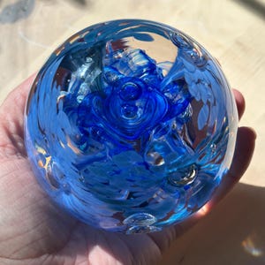 Glass Paperweight - One of a Kind Handblown Orb – Unique Gift – Office Decor – Art Glass Sculpture - Blue Flowers