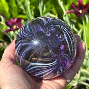 Handblown Glass Paperweight: Purple Gold Feathered Orb, Office Decor