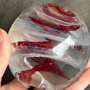 Handblown Glass Paperweight: Red & White Swirl Orb - Signed Art Sculpture