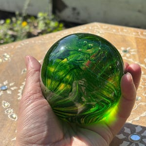 Handblown Glass Paperweight: Aventurine Green Feathered Orb
