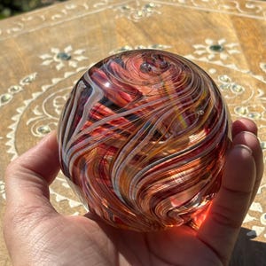 Handblown Glass Paperweight: Copper Ruby Feathered Orb, Art Sculpture