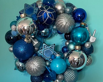 Hanukkah Wreath Blues and Silvers Handmade Free Shipping