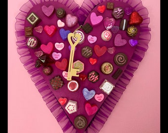 Retro Purple Chiffon Trimmed Key To My Heart One of a Kind Candy Box Art - Free Ship
