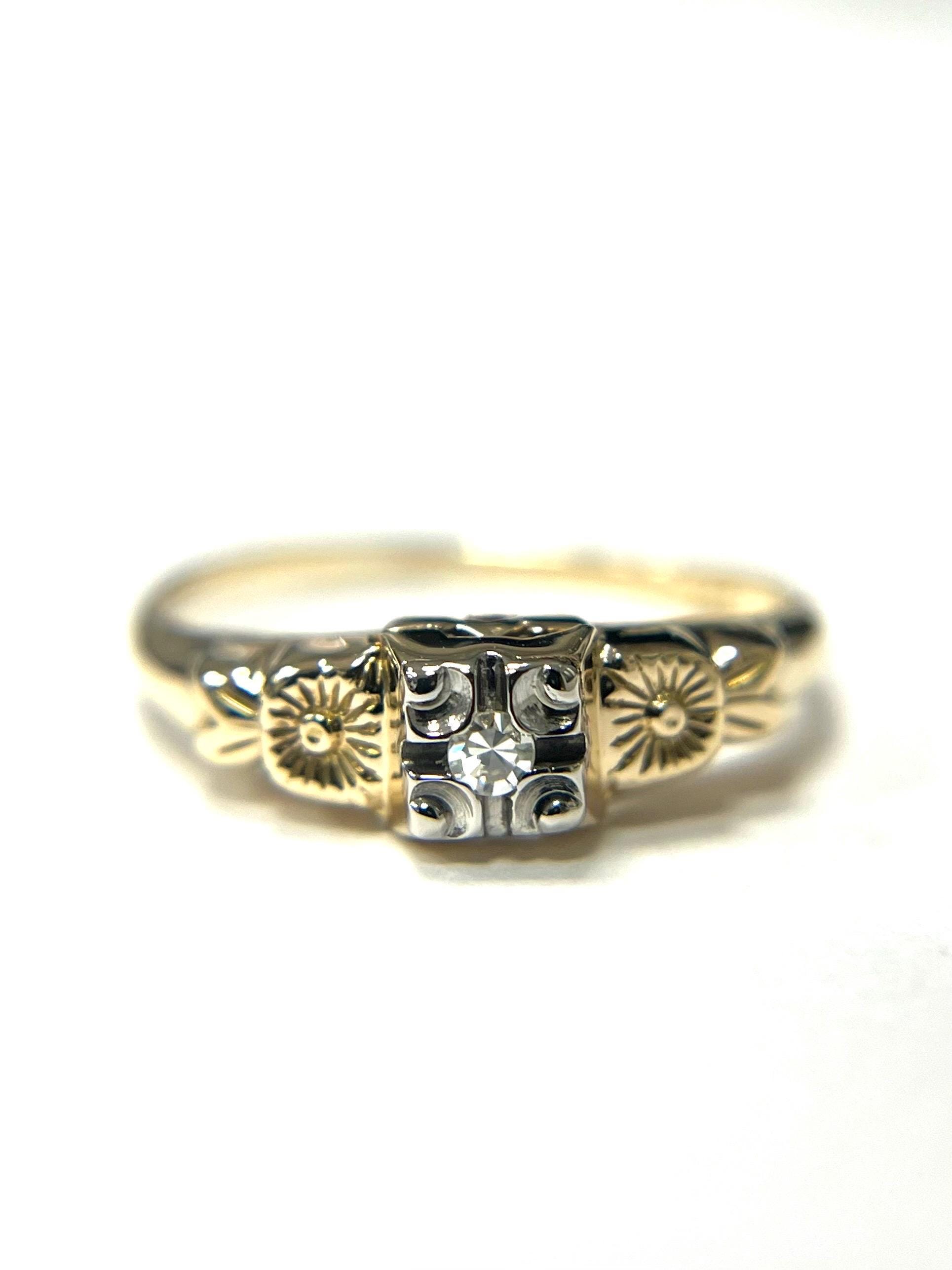 Estate 14k Yellow Gold Diamond Ring Size 6 Band Vintage Jewelry Fancy Sun Design