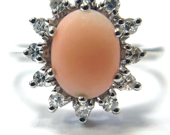 Estate 14k White Gold Cabochon Coral & Diamond Ring Size 6.5 Euro Shank Band