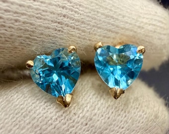 14k Yellow Gold Blue Topaz Heart Shaped Studs Push Back Earrings
