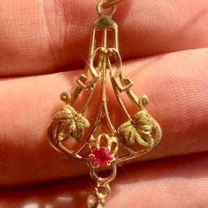 May include: A gold pendant with an ornate design featuring leaves, a red gemstone, and a small tooth charm. The pendant is suspended from a gold bail. The overall design is intricate and detailed.