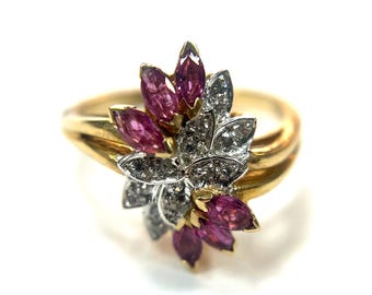 Estate Diamond and Ruby 14k Yellow Gold Ring Size 6 Band Vintage Solid Gold