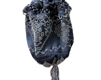 Vintage 20s Black Evening Bag Steel Bead + Crochet Drawstring Purse Tasseled