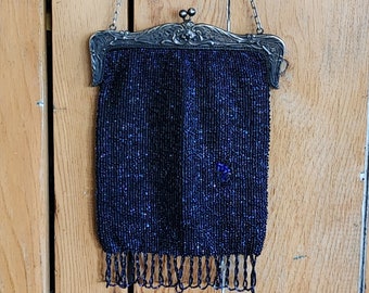 Antique 1910s Bag Blue Glass Bead Looped Fringe