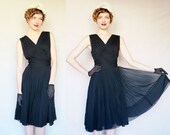 1950s Black Silk Chiffon Cocktail Dress 50s Sleeveless Party Dress with Ruching Miss Elliette M