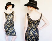 1960s Black Gold Brocade Beaded Cocktail Dress 60s Sleeveless Wiggle Party Dress Ornate Floral Print Small