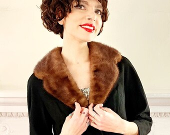 50s Black Wool Blazer w-Brown Mink Fur Collar - Designer's Shop Chas A Stevens - M