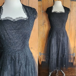 Vintage 50s Black Party Dress Tulle Lace Rhinestones M image 1