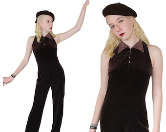 Vintage jaren '90 jumpsuit bruin fluweel Kay Unger