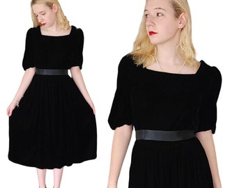 Vintage 80s Black Velvet Party Dress Puffed Sleeves Kappi I Magnin