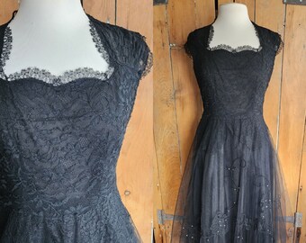 Vintage 50s Black Party Dress Tulle Lace Rhinestones M